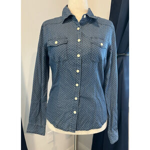 PER SE Women Blue White Polka Dots 100% Cotton Long Sleeve Shirt Med Button down